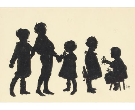 D.M. an early 20th Century silhouette picture, depicting young children playing, 10cm x 14cm