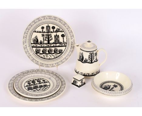 A collection of Scottie Wilson for Royal Worcester Crown ware, comprising coffee pot, pair of dessert bowls, mustard pot, pai