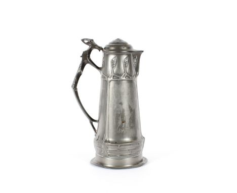 L. Rania, Art Nouveau pewter lidded jug with floral decoration and stylised handle, 34cm high