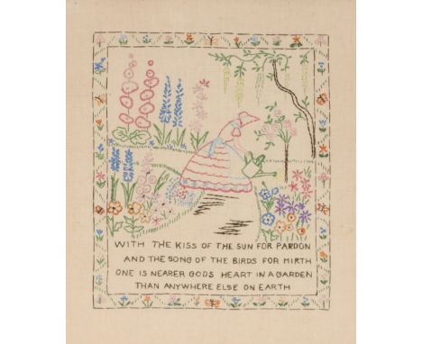 An Art Deco period needlework, depicting a maiden watering a garden, "With the kiss of the sun for Pardon and the song of bir