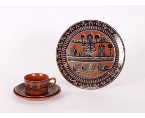 Scottie Wilson for Royal Worcester Crown ware, a swan, castle and tree decorated plate; and a fish and swan decorated trio (4