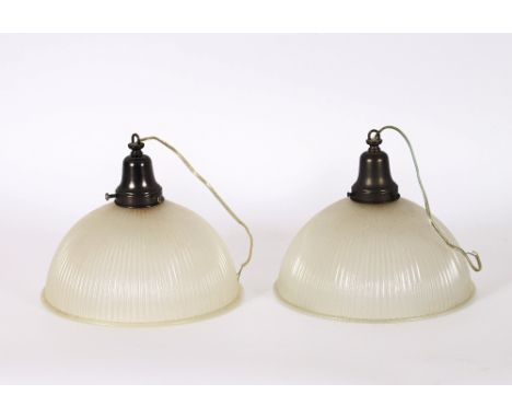 A pair of Art Deco ribbed glass ceiling lights, 30cm dia.