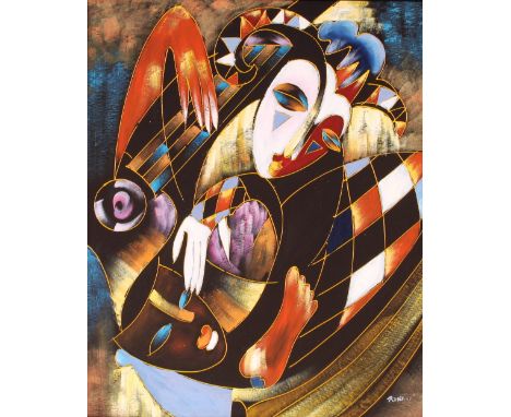 A pair of modern oils on canvas, depicting stylised clowns, one playing a musical instrument, indistinctly signed, 59cm x 49c