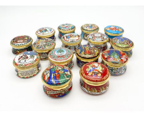 Wonderful Selection of Fifteen Christmas Halcyon Days Enamel Trinket Boxes. Some extremely rare! All in good condition. 4cm d