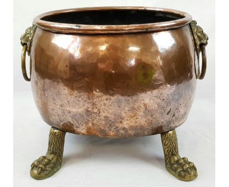 Antique Victorian Copper Planter. Lions Head Handles and Lion Pedestal Feet. 36cm diameter. 34cm tall. 