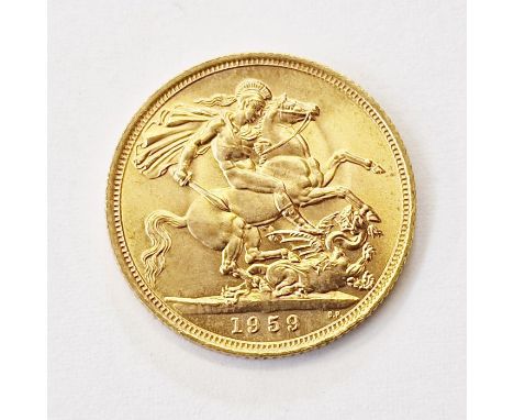 Gold sovereign 1959&nbsp;Condition ReportVery light wear to the edges of the coin, vf