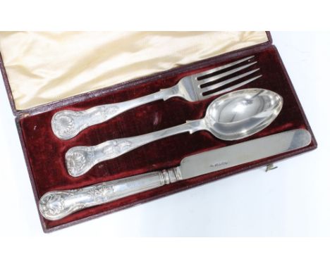 Victorian Edinburgh silver fork and spoon with similar Queens pattern Sheffield silver knife, in a fitted case (3) 