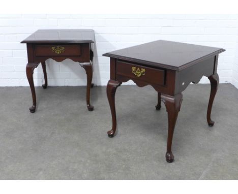 Pair of mahogany lamp / bedside tables, rectangular tops over a single drawer with pierced brass handles, on cabriole legs, 5