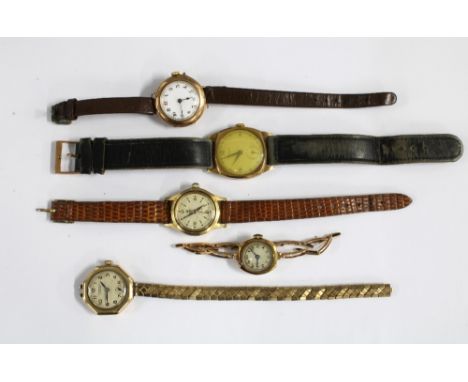 Five vintage wristwatches to include a Gents 9ct gold cased wristwatch on a black leather strap, Lady's 9ct gold cased wristw