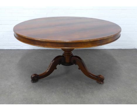 Early Victorian mahogany breakfast table, circular top on a turned baluster column with scrolling tripod legs, 138 x 75 x 139