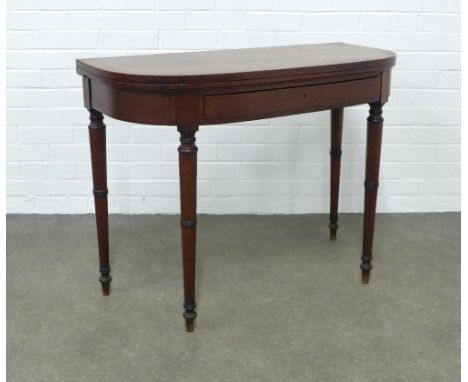 19th century mahogany foldover card table, demi lune top raised on turned tapering legs, 97 x 75cm. 