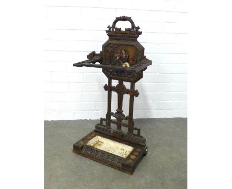 Victorian cast iron walking stick or umbrella stand, likely Scottish, with Burns and Highland Mary painted back plate and wit