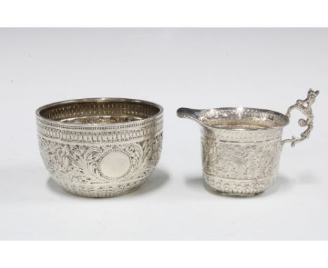 Victorian silver sugar bowl and milk jug with foliate decoration, London 1893, (2) 