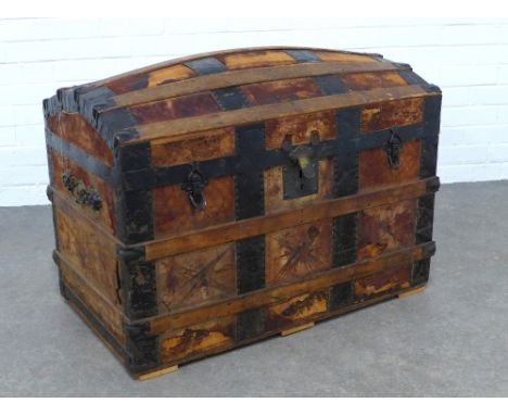 Vintage leather and metal bound trunk, dome topped with side handles, 90 x 64 x 53cm. 