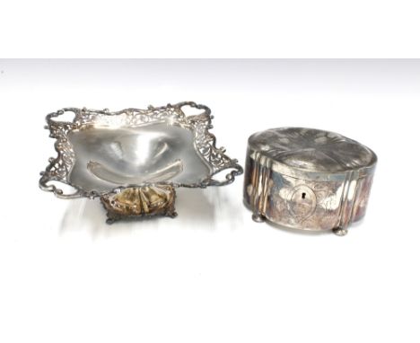 Epns tea caddy and basket with pierced rim  (2) 