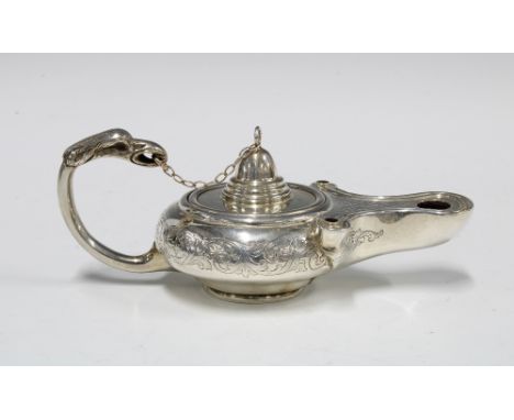 Victorian silver inkwell in the form of an Aladdin's Lamp, James &amp; Walter Marshall, Edinburgh 1868, 15cm long 