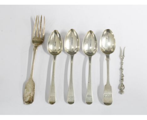A victorian silver dessert fork, John Stone, Exeter 1844, four silver teaspoons with various hallmarks and a continental silv