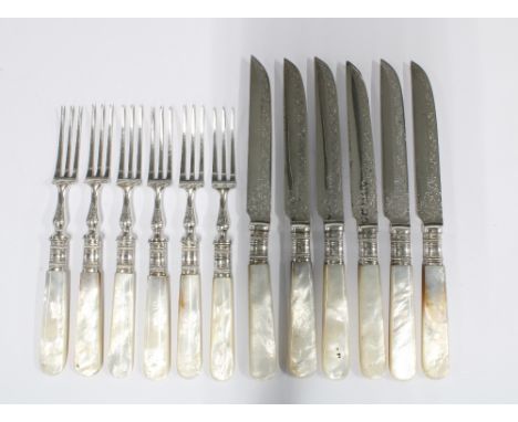 Set of six mother of pearl handled &amp; silver plated fruit knives and forks (12) 
