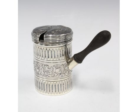 Victorian silver shaving pot, London 1880, likely  Dutch Import,   hinged lid with figures and he cylindrical body with folia