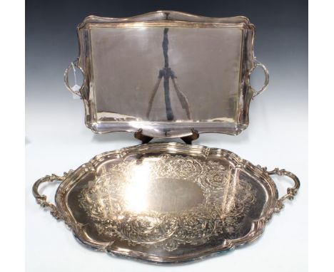 Elkington &amp; Co large silver plated tray with foliate pattern, 74cm long together with another of rectangular form retaile