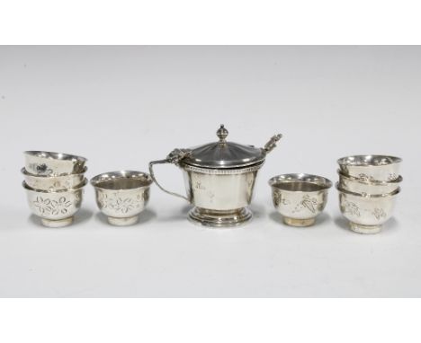 Birmingham silver mustard pot with a blue glass liner and continental silver salt spoon together with a set of eight small wh