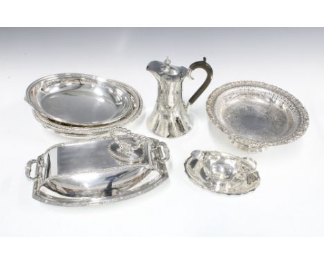 A quantity of Epns and silver plate wares to include entrée dishes, coffee pot, swing handled basket, etc (a lot) 