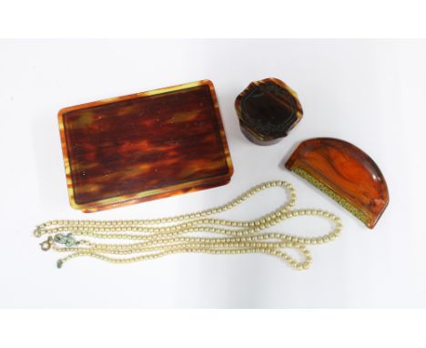 Rectangular tortoiseshell box containing three strands of vintage faux pearls and a smaller tortoiseshell box and cover (5) 