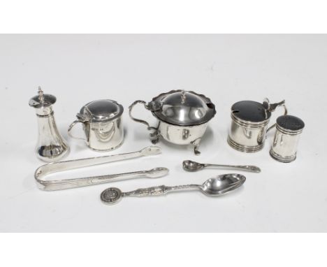 Five silver condiments with various hallmarks together with silver sugar tongs and teaspoon, (7) 