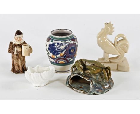 A Poole Carter Stabler Adams vase.  Height 13.5 cm, together with a cockerel figure, a crab wall pocket, a Friar match holder