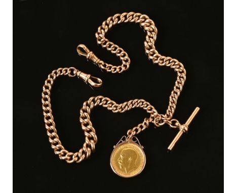 A 9 ct gold Albert chain, with 1911 full sovereign.  54.7 grams (see illustration). CONDITION REPORT: The length of the chain