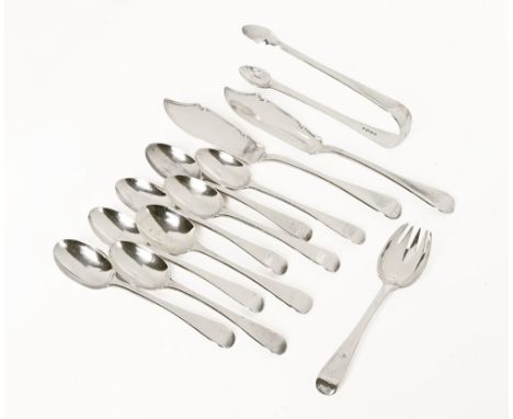 A collection of silver cutlery, to include two fish knives, tongs, eight teaspoons and a further teaspoon with fork end, all 