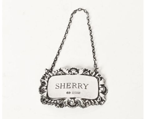 A silver sherry decanter label, Birmingham 1974 by Hampton Utilities.