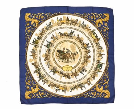 A vintage Hermes scarf "Promenade de Longchamps", silk with hand stitched edges, +/- 88 cm square.