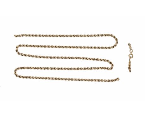 A gold coloured metal chain, snapped.  The link clasp stamped 14 ct, 15.2 grams.