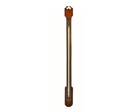 A Victorian brass mounted standard thermometer by Casella "Maker to The Admiralty", mounted on mahogany.  Height 52 cm.