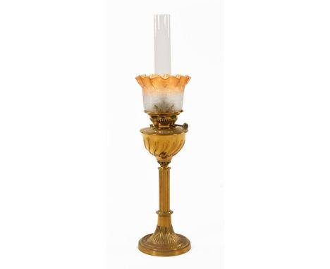 A Victorian brass fluted column oil lamp, with flared etched shade.  80 cm high to include glass chimney. CONDITION REPORT: T