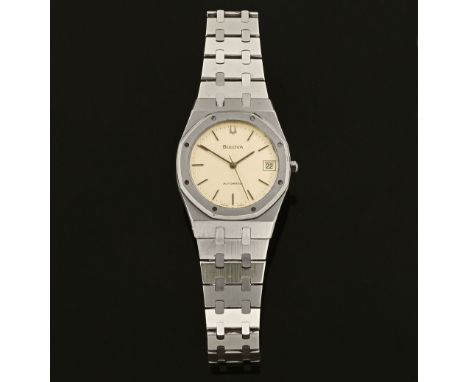 A gentleman's Bulova "Royal Oak" stainless steel tuning fork wristwatch, with honeycomb dial with baton markers with date ape