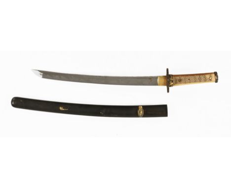 A Japanese Katana sword, with lacquered scabbard with gold coloured metal mounts, the tsuba with gold coloured metal inlay, t