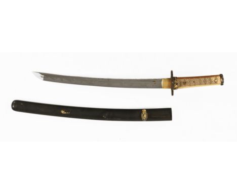 A Japanese Katana sword, with lacquered scabbard with gold coloured metal mounts, the tsuba with gold coloured metal inlay, t