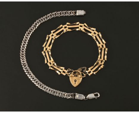 A 9 ct gold gate bracelet with padlock, 7 grams, together with a 925 silver bracelet.
