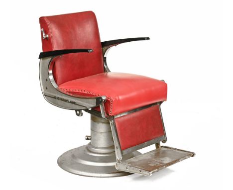 A vintage Belmont barbers chair, with combined footrest and circular base.  Height to top of back 91 cm, width across arms 57