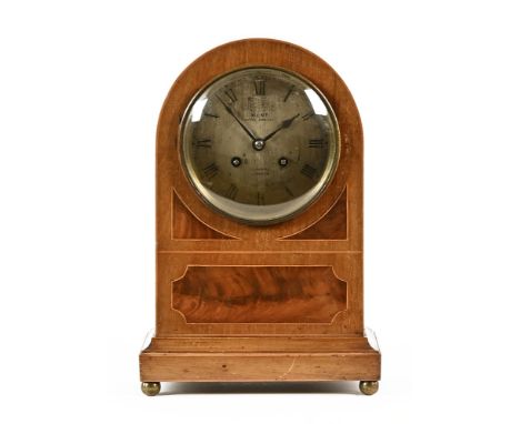 An Edwardian inlaid mahogany mantle clock, with strung case and two train movement by Dent Royal Exchange, Cornhill London.  