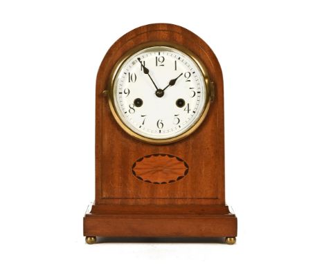 An inlaid mahogany and brass strung Edwardian style mantle clock, with two train movement striking on a gong.  Height 30 cm, 