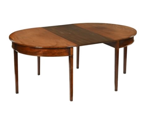 A mahogany dining table with leaf, late Georgian, raised on tapered legs of square section.  Height 73 cm, width 119 cm, leng