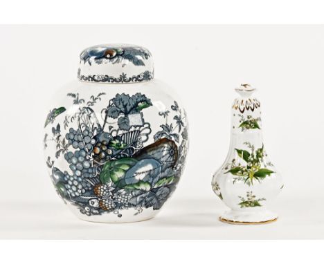 A Masons "Fruit Basket" lidded ginger jar.  Height 24 cm, together with a Hammersley Lily of The Valley patterned sifter.