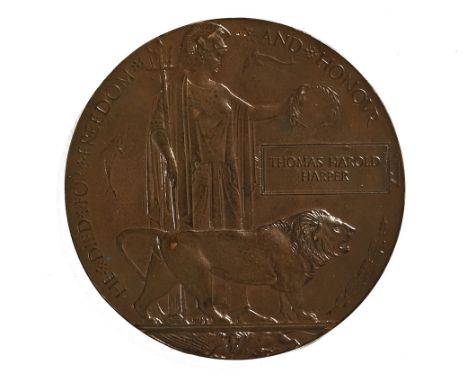 A First World War death penny to Lance Corporal Thomas Harold Harper, 2nd Battalion Hampshire Regiment.