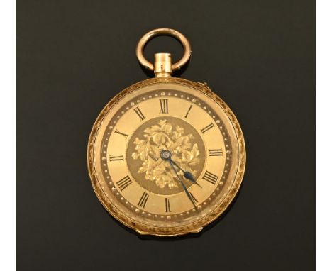 An 18 ct gold cased fob watch, foliate engraved, the outer case stamped 18 k, the dust cover plated.  Diameter 40 mm, winder 