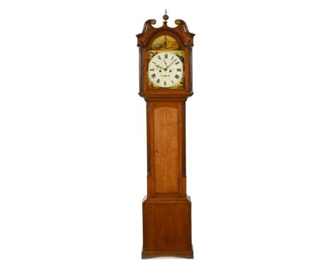A George III longcase clock, with eight day striking movement by W Durham Dunbar, the oak case with long trunk door.  Height 