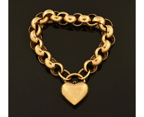 A 9 ct gold large link bracelet with heart shaped padlock.  63 grams. CONDITION REPORT: The length of the chain excluding the