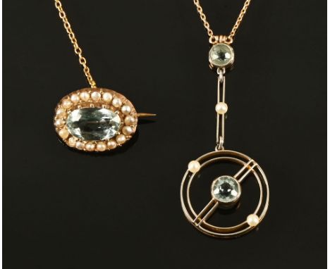 A 15 ct gold fine link chain, with aquamarine and seed pearl pendant, together with a 9 ct gold seed pearl and aquamarine bro